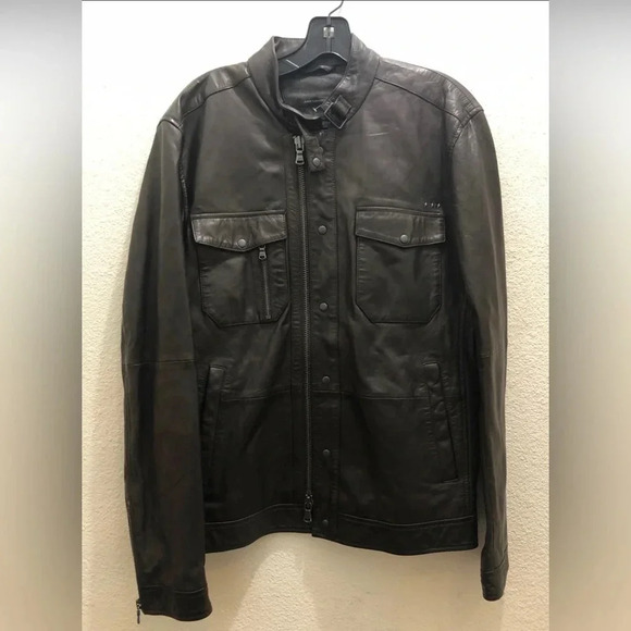 John Varvatos Men's Long Sleeve Steven Leather Shirt Jacket Snap Zip Front Black - Picture 7 of 11